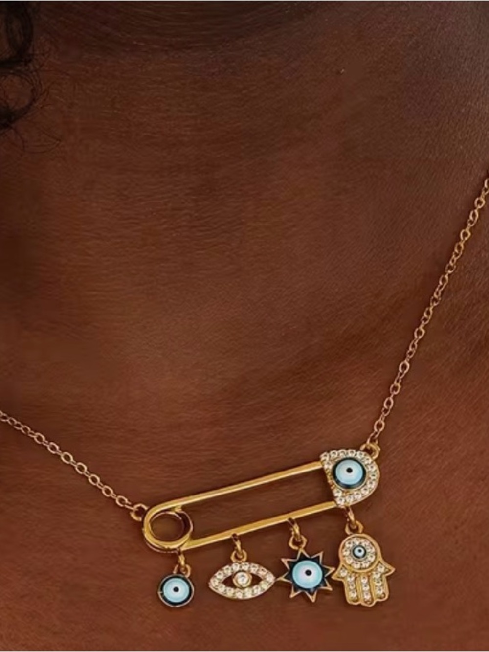 Gold-Tone Evil Eye & Hamsa Charm Safety Pin Necklace - Surgical Steel